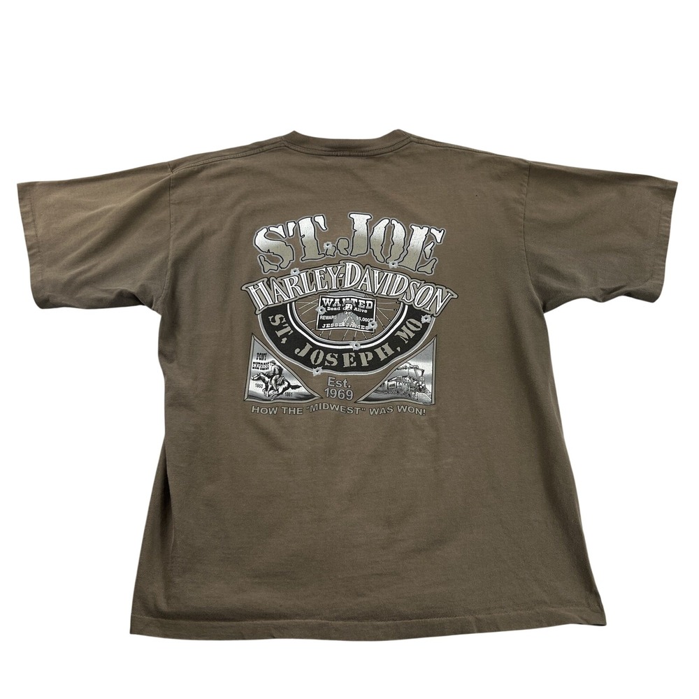 Harley Davidson St Joseph MO Eagle Wanted T Shirt XL Brown Biker Jesse James